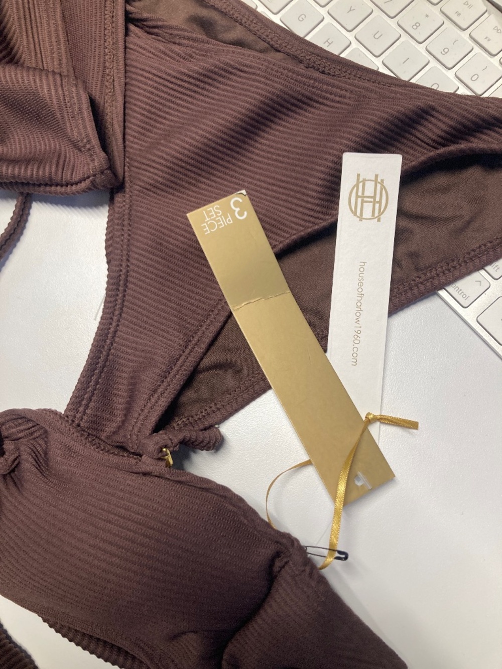 House of Harlow 1960 Ribbed Brown 3-Piece Swim Set – Bikini + Skirt Cover Up NWT - Picture 4 of 6